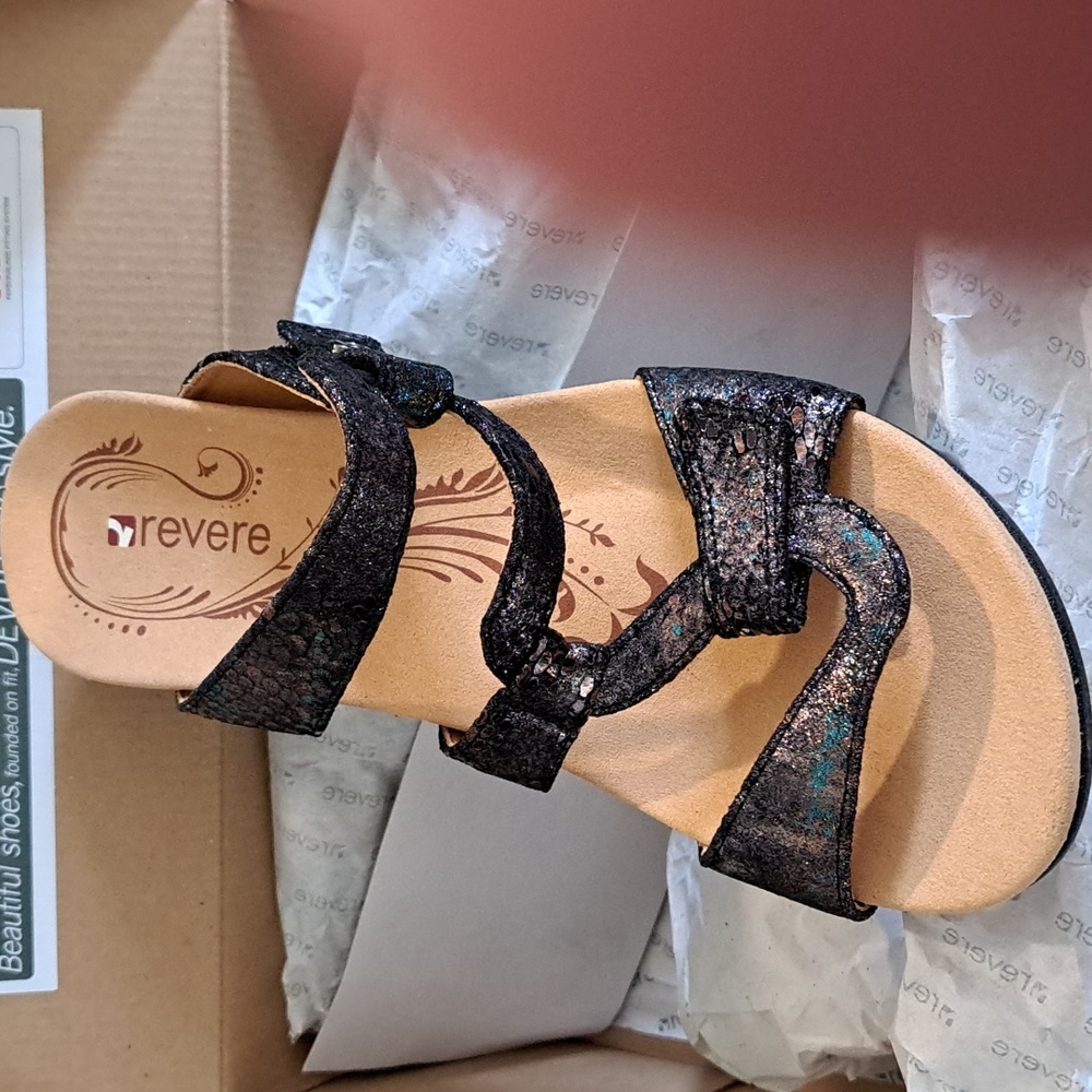 Revere Python Black Metallic Leather Sofia Sandal, Women Size 6 M - Picture 9 of 12
